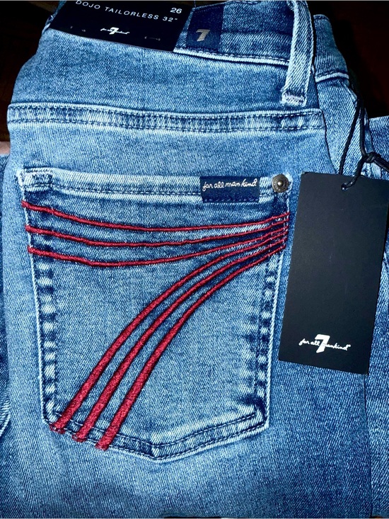 7 For All Mankind Denim - 7 For All Mankind Women’s Blue Straight-Leg Jeans with Red Back-Pocket Stitching
